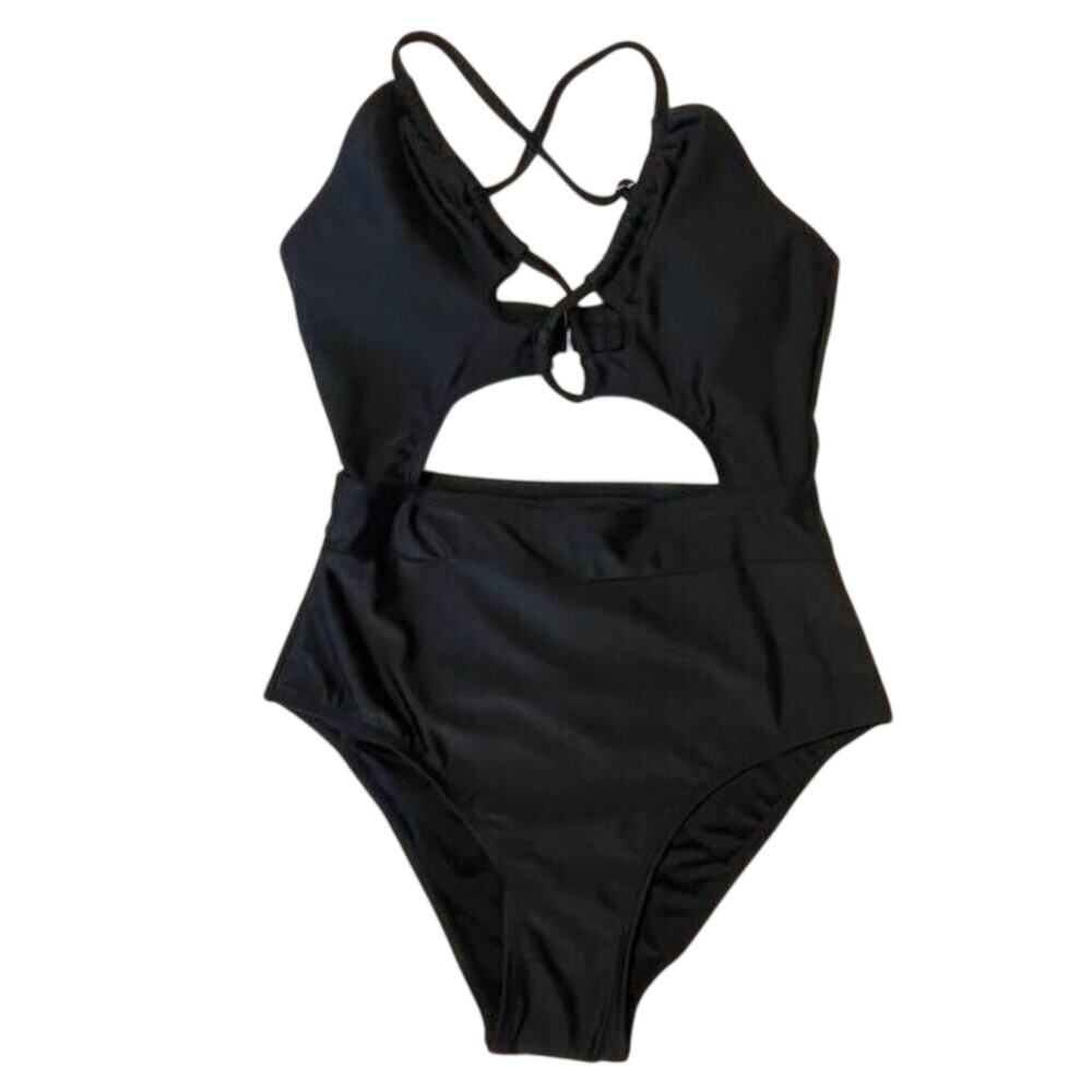 Women Cupshe Black Cutout One Piece Swimsuit Crisscross Back Cheeky L
